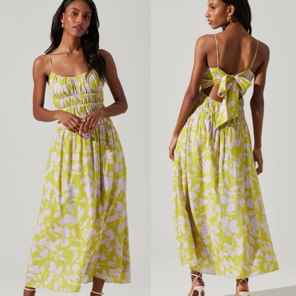 ASTR Andrina Floral Smocked Midi Dress Lime Lavender Floral Print Cutout Size XS